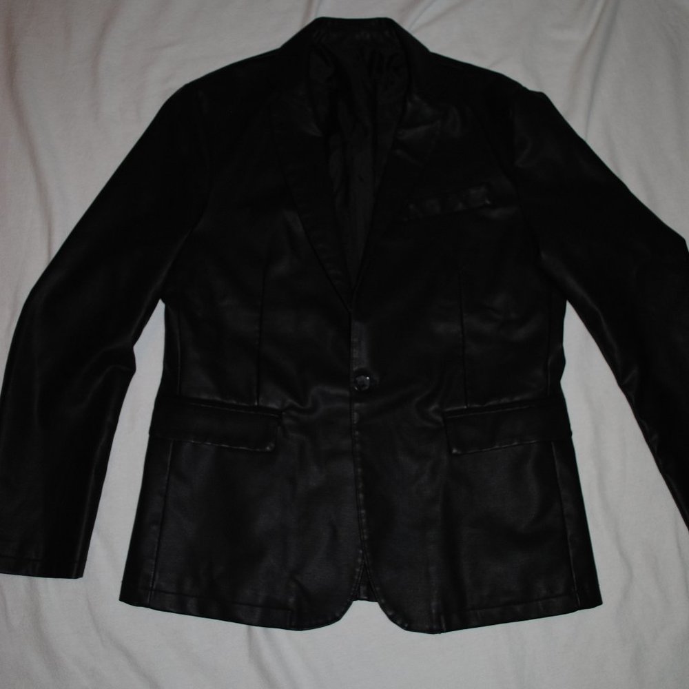 NEW SZ LG MENS BLACK FAUX LEATHER BLAZER
